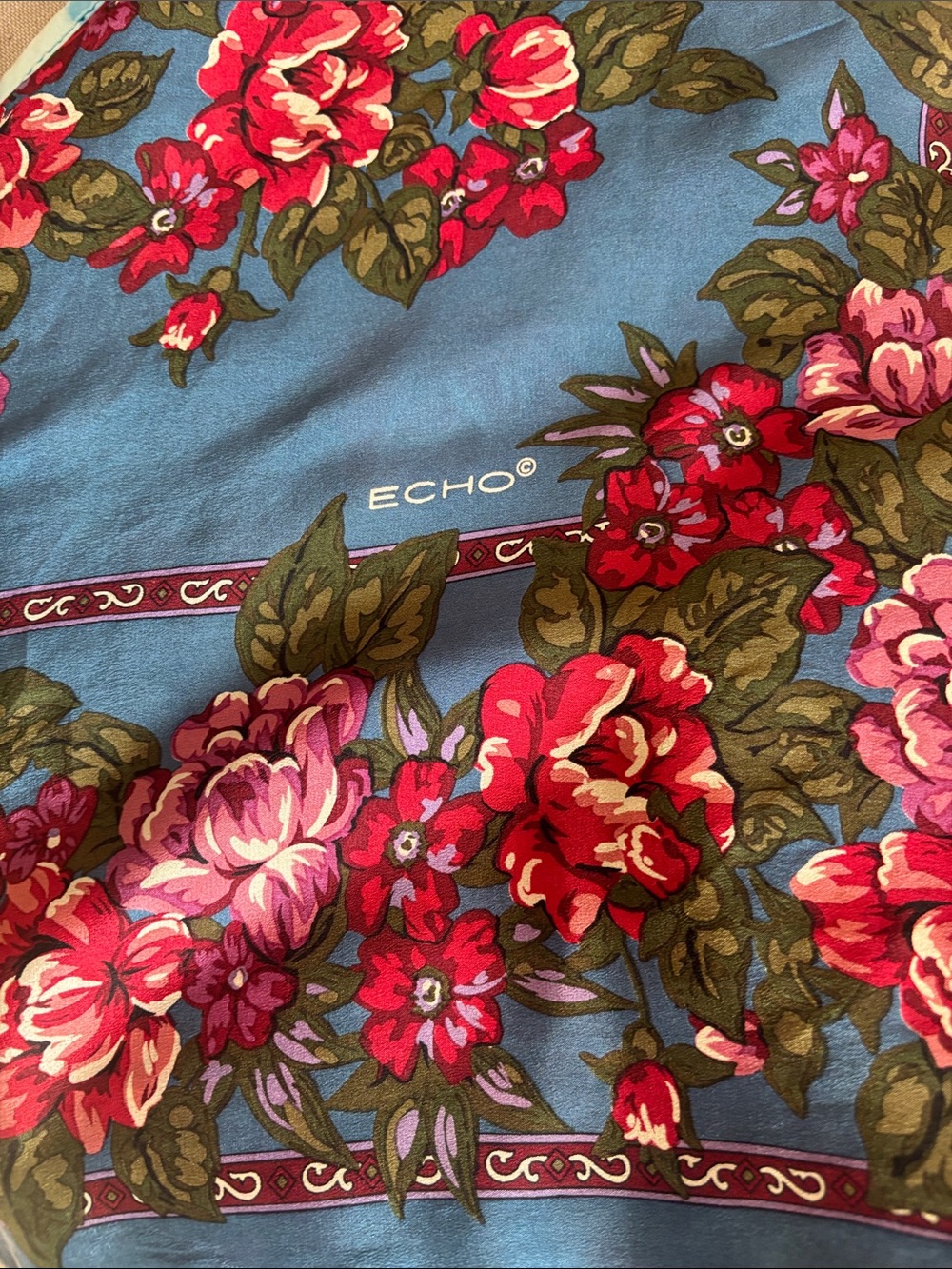 Echo Blue Scarf with Red & Pink Floral Motif